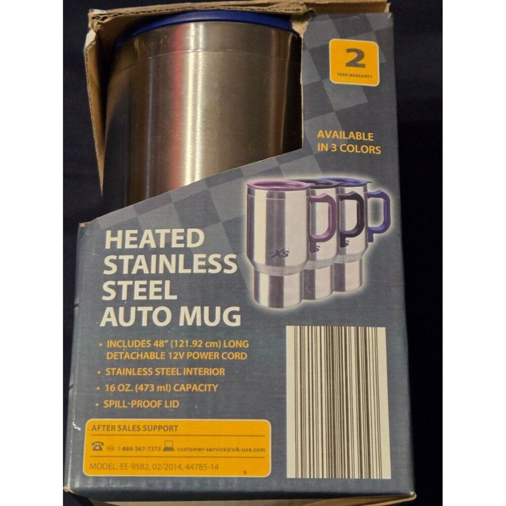 HEATED STAINLESS STEEL COFFEE MUG.